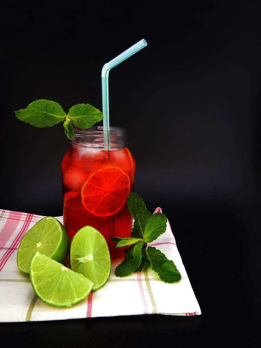 fruit juice in jar with stray, fruit punch, drink, mojito, cherry HD wallpaper