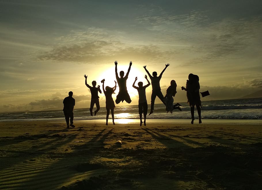 sunset, friends, people, happy, silhouette, land, sky, real people, HD wallpaper
