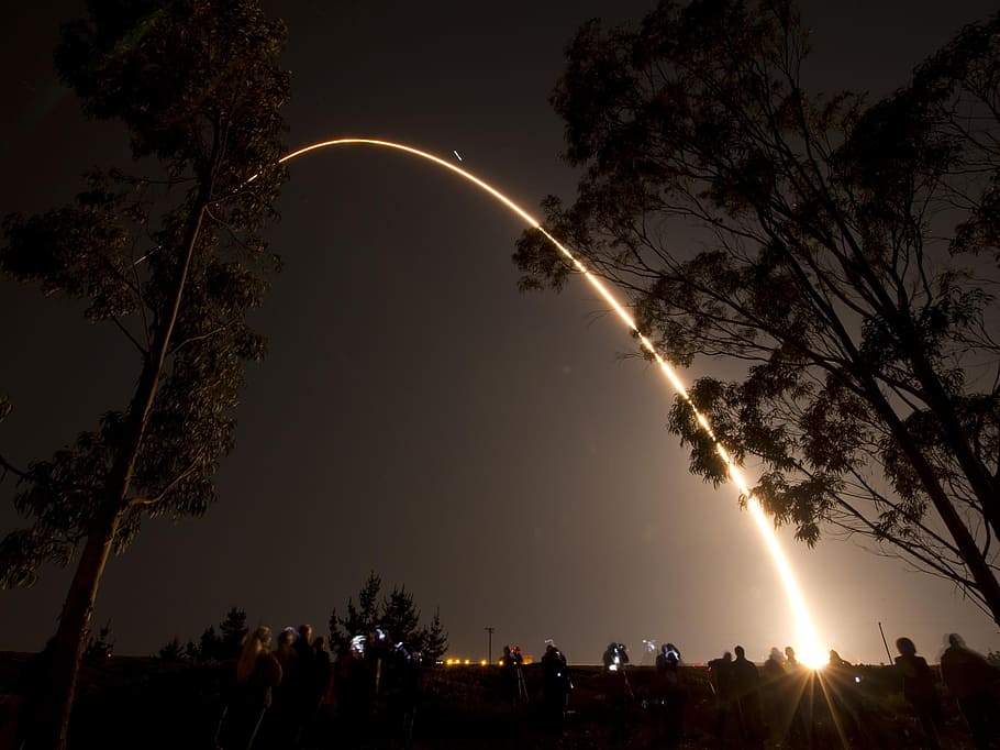 Rocket, Launch, California, Night, evening, lights, trail, arch HD wallpaper