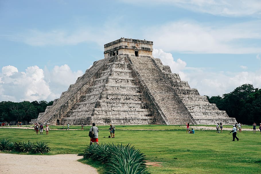 group of people standing ear gray temple, Chichen Itza, Mexico, HD wallpaper