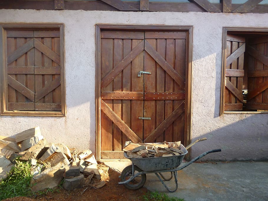 workshop, shed, stable, wheelbarrow, shutters, rustic, doors, HD wallpaper