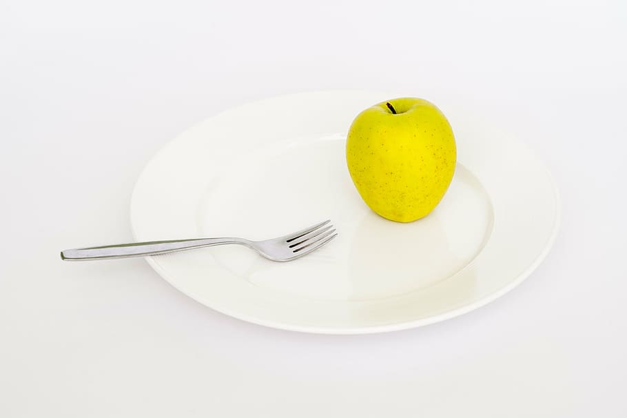 white ceramic plate with silver fork, apple, diet, health, weight