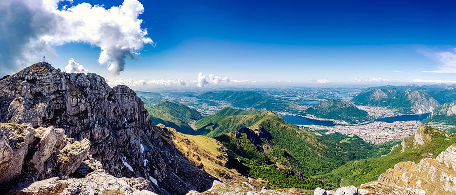 green, grass, tree, plant, rock, summit, peak, ridge, blue HD wallpaper