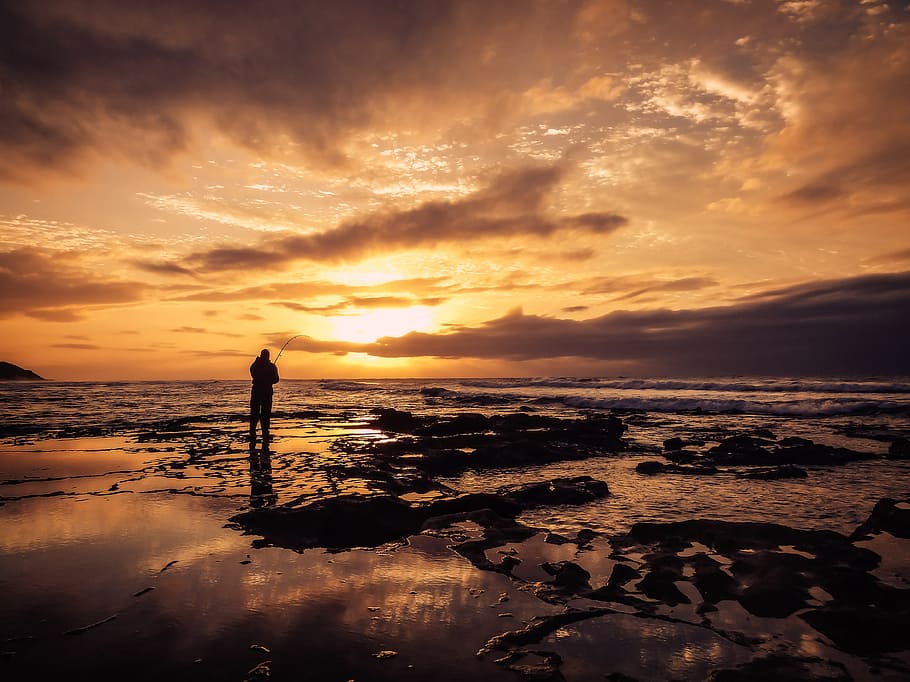 silhouette photo of man standing on beach during golden hour, man fishing at sea during daytime HD wallpaper