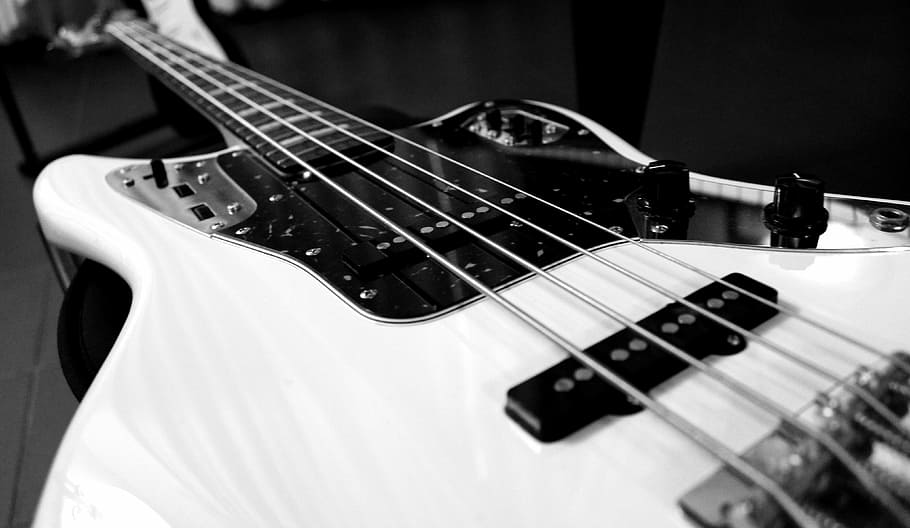 white and black electric bass guitar, low, rock, strings, music, HD wallpaper