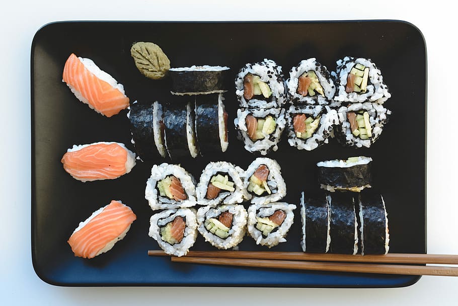 Homemade sushi, japanese, rice, salmon, top view, white background