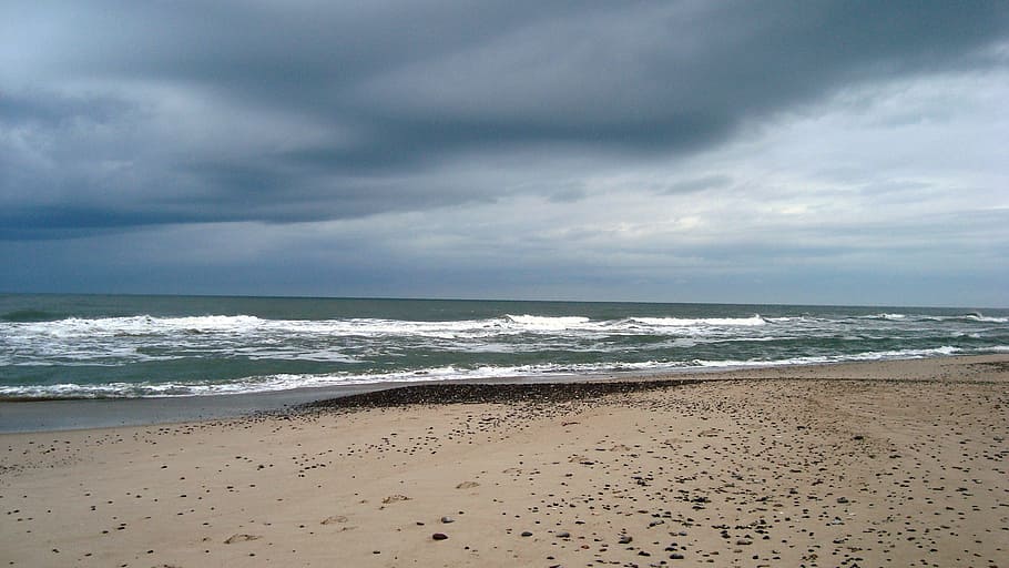 Beach, Clouds, Sea, autumn, dark sky, nature, denmark, sand HD wallpaper