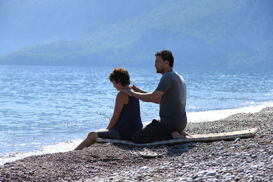 man and woman sitting on shore, release, body, relax, beach HD wallpaper