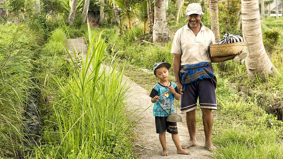 man and boy standing near tree smiling at daytime, bali, laugh HD wallpaper