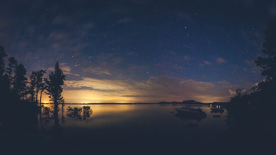 silhouette photo of trees and body of water during sunset, white powerboat on body of water heading towards trees during golden hour HD wallpaper