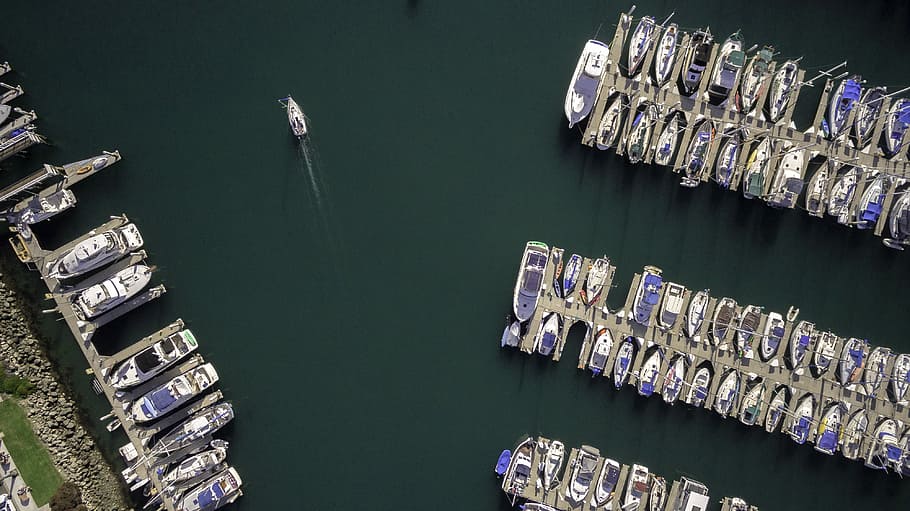 aerial photography of docked boats, aerial photography of white-and-blue ships in dock at daytime, HD wallpaper