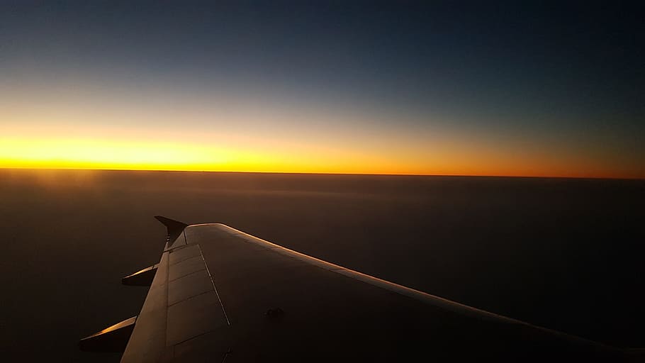 wing, plane, sunset, golden, sky, transportation, airplane HD wallpaper