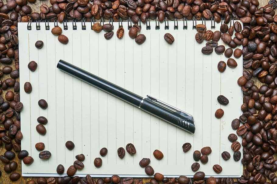 black pen on top of notebook beside cofffee beans, Coffee, Cup HD wallpaper
