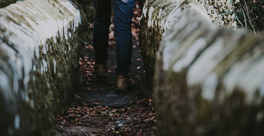 man standing between concrete rail, wall, stone, moss, leaves HD wallpaper
