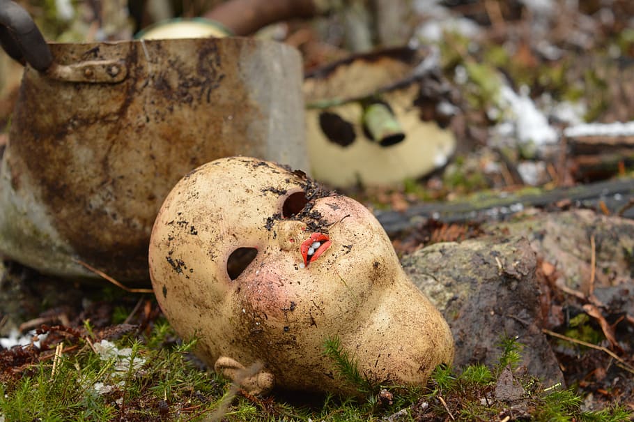 mannequin head on green grass, doll, dirt, lips, old, antique HD wallpaper