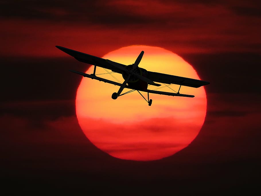 silhouette photography of monoplane, nature, sun, aircraft HD wallpaper