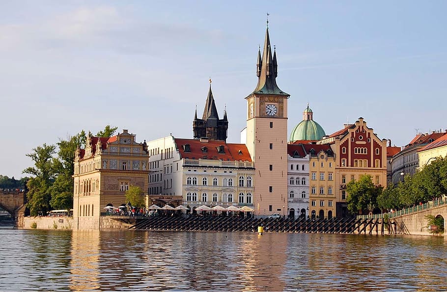 assorted-color houses beside body of water in city, River, Water, Tower HD wallpaper