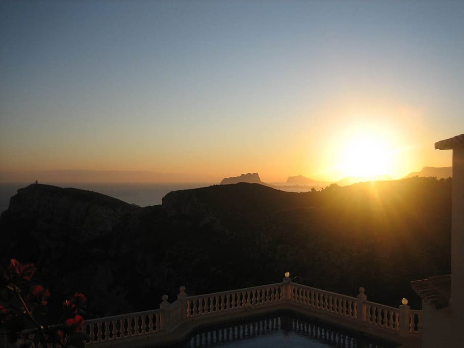 sunset, orange, sea, sky, spain, costa del sol, coast, rock HD wallpaper