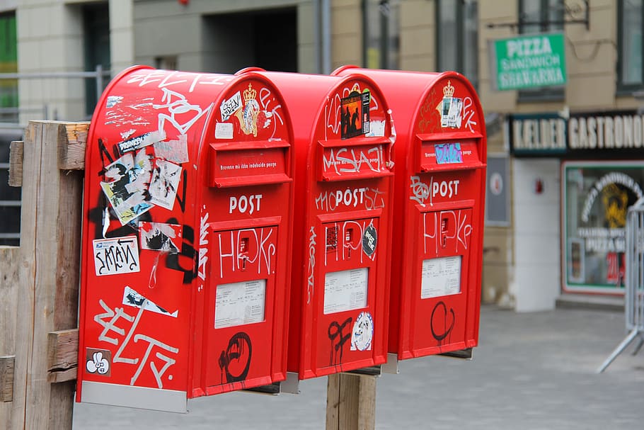 three red mailboxes, post box, letter boxes, copenhagen, denmark