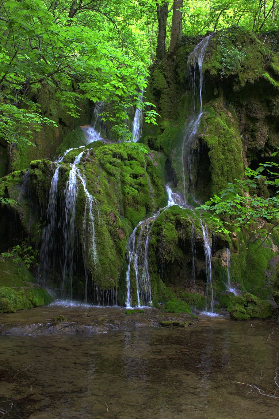 romania, waterfall, forest, rock, mountains, national park HD wallpaper