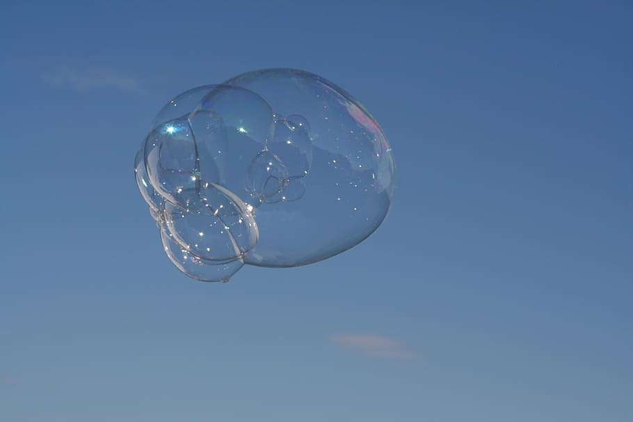 soap bubble, sky, blue, cloud, blow, fly, weightless, shimmer