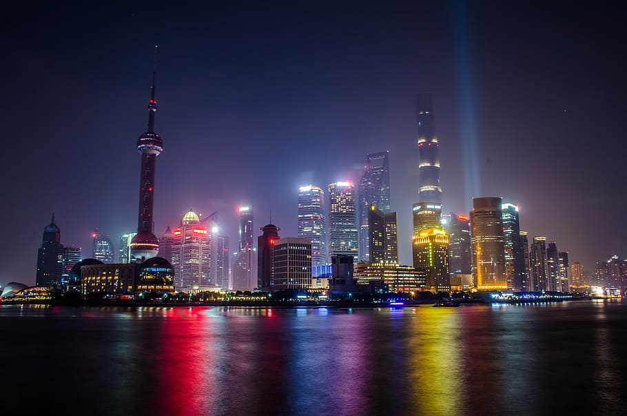 city side view during nighttime, shanghai, urban landscape, light