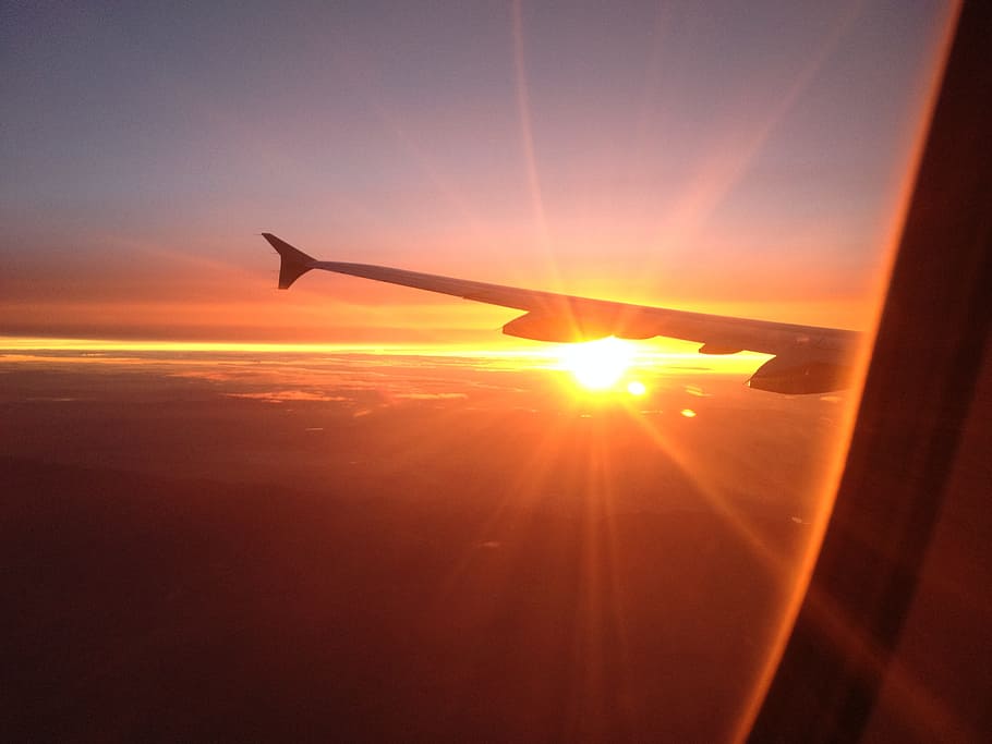 airplane wing during golden hour, Sunshine, Sunset, transportation, HD wallpaper