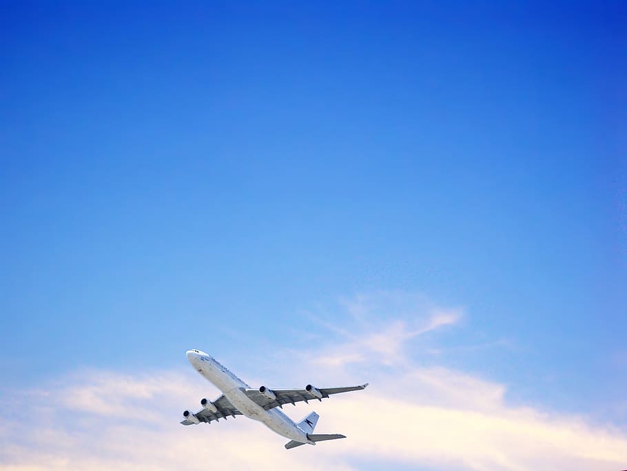sky, blue sky, clouds, nature, day, plane, aviation, plane taking off HD wallpaper