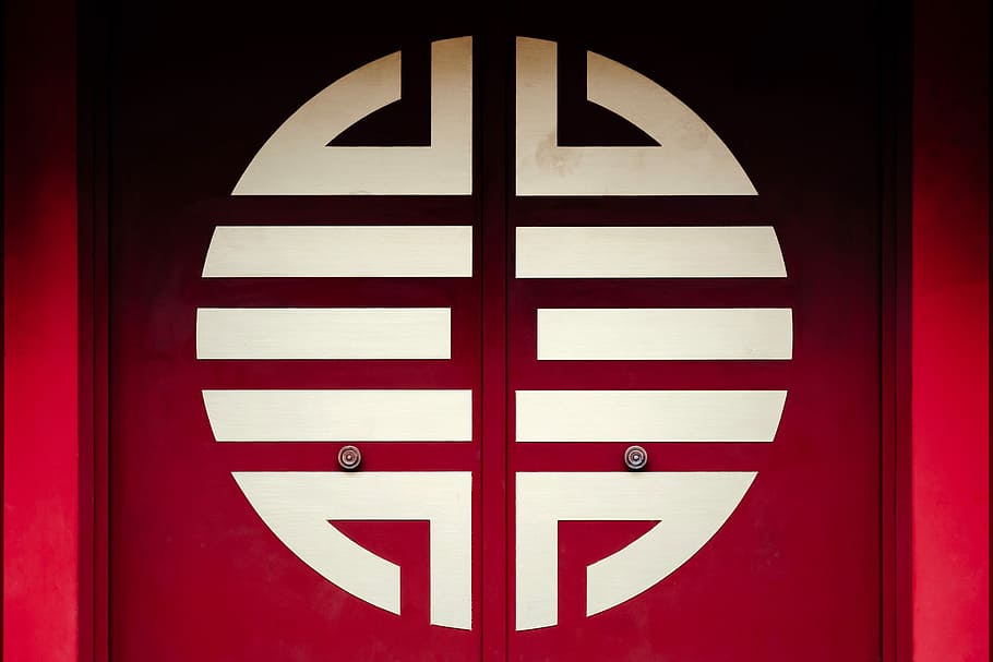 white and red wooden double doors, closeup photo of white and red door HD wallpaper
