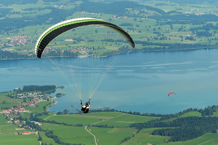 person doing paragliding on air, paraglider, fly, dom, tegelberg, HD wallpaper