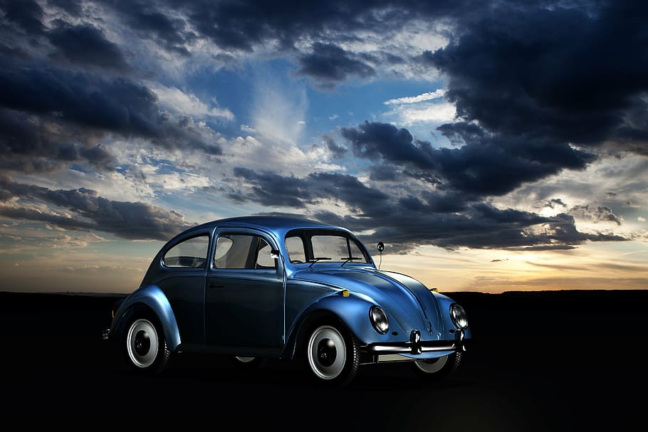 photo of blue new beetle under sky, volkswagen, auto, historically, HD wallpaper