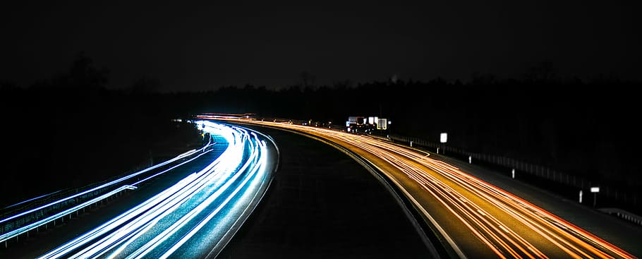 time lapse photo of road at nighttime, lights, autos, highway HD wallpaper