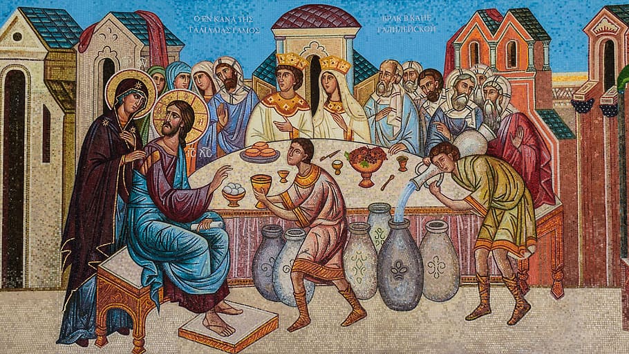 Jesus Christ sitting on brown chair near table, marriage at cana