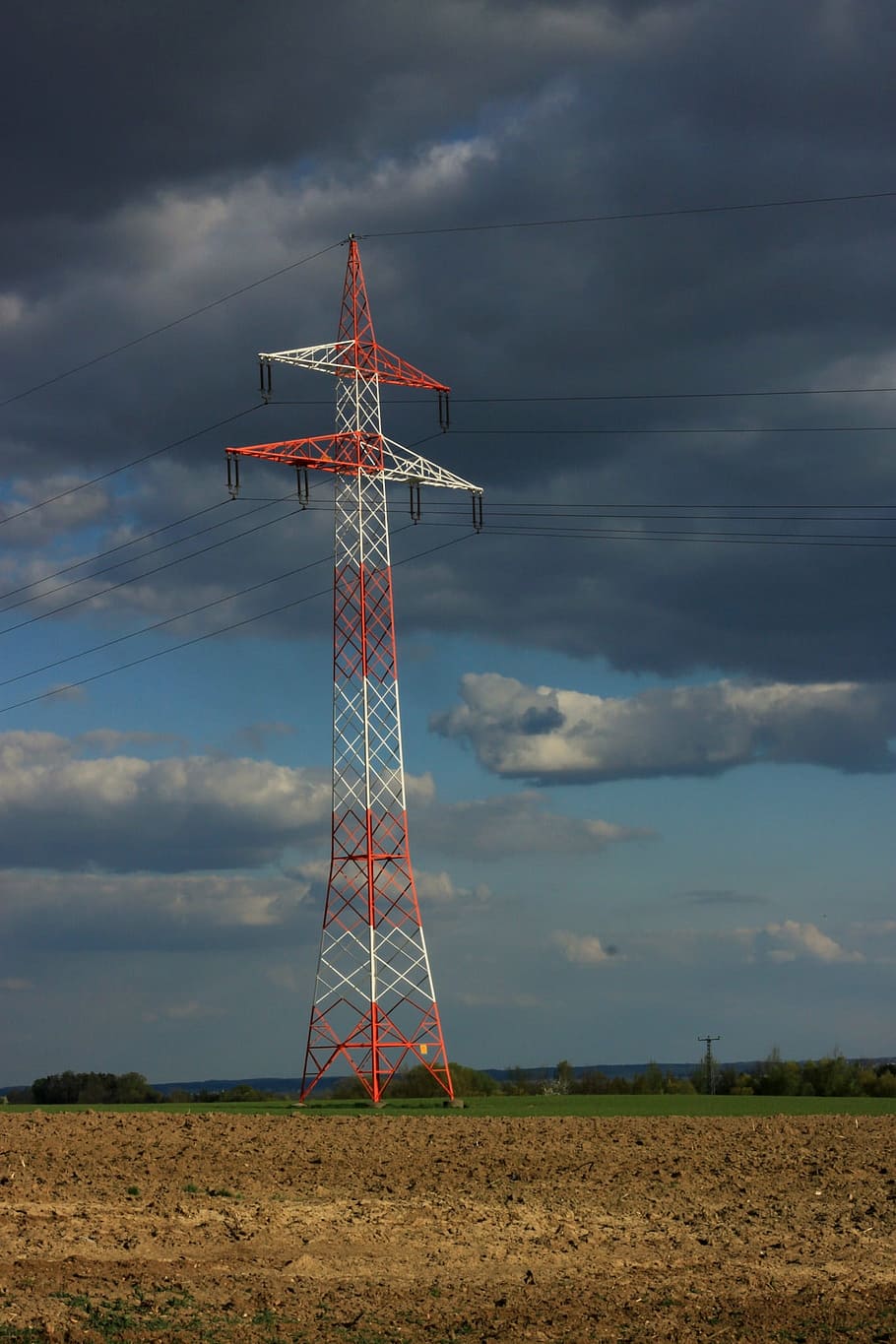 current, mast, strommast, energy, line, red white, sky, technology HD wallpaper