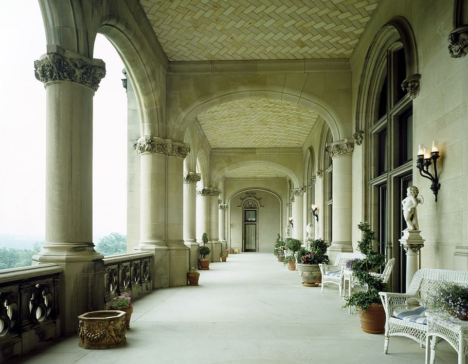 photography of hallway, veranda, mansion, estate, home, residence