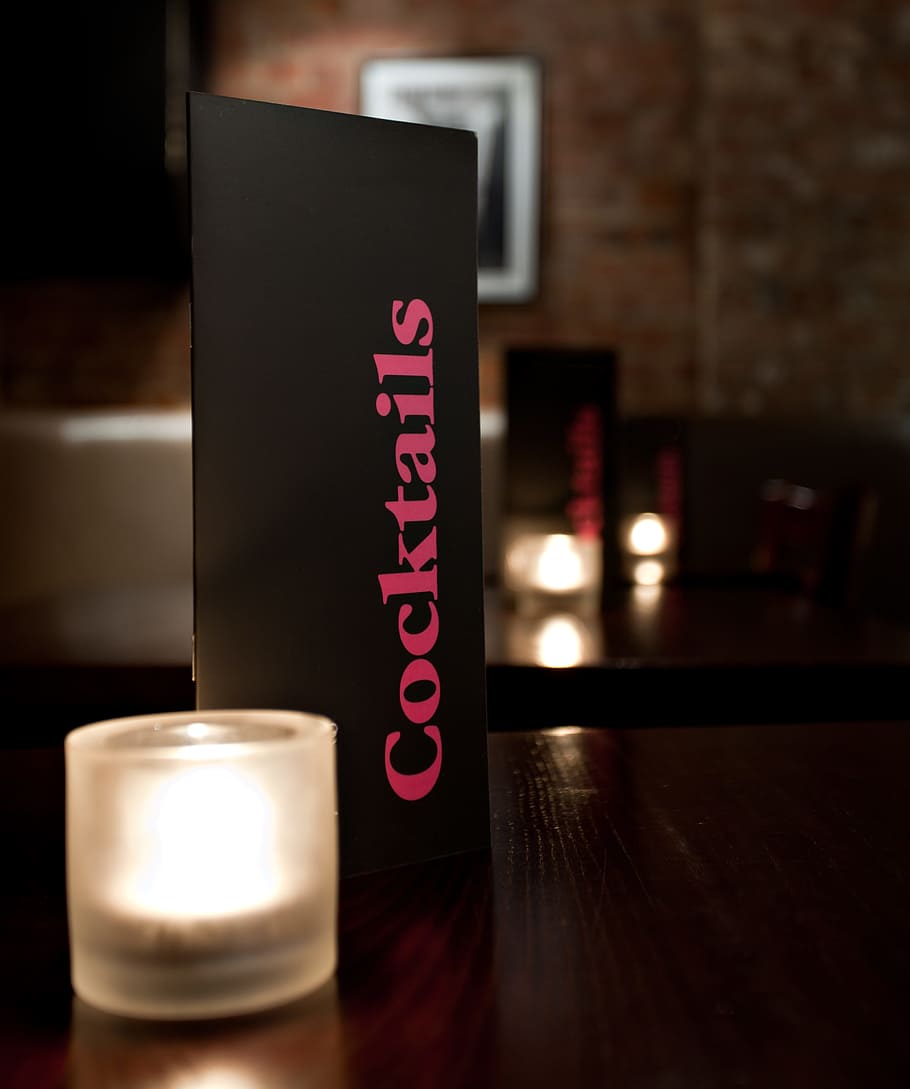 Cocktail, Menu, Table, Bar, Drinks, candle, alcohol, indoors HD wallpaper