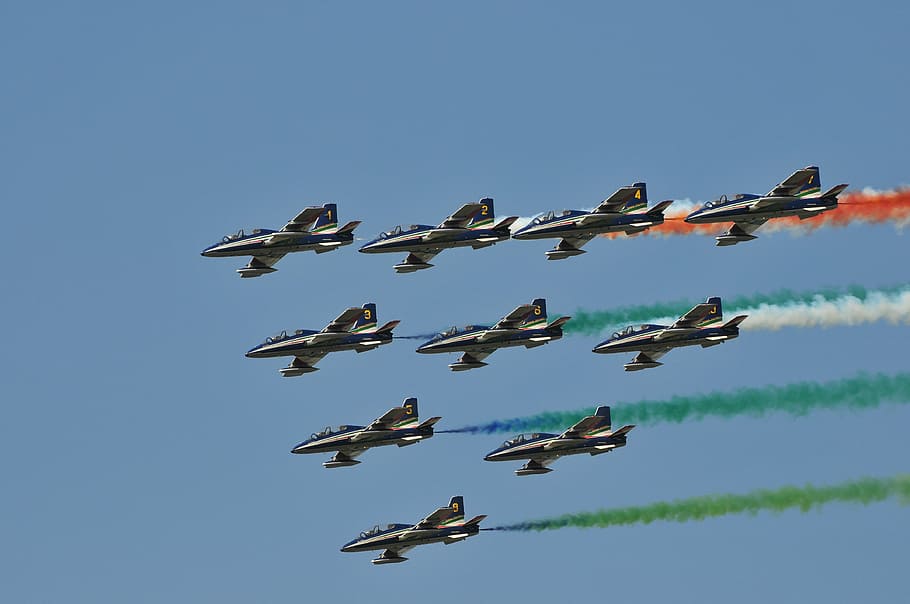 arrows, tricolor, sky, flying, airshow, military, army, on the move, HD wallpaper