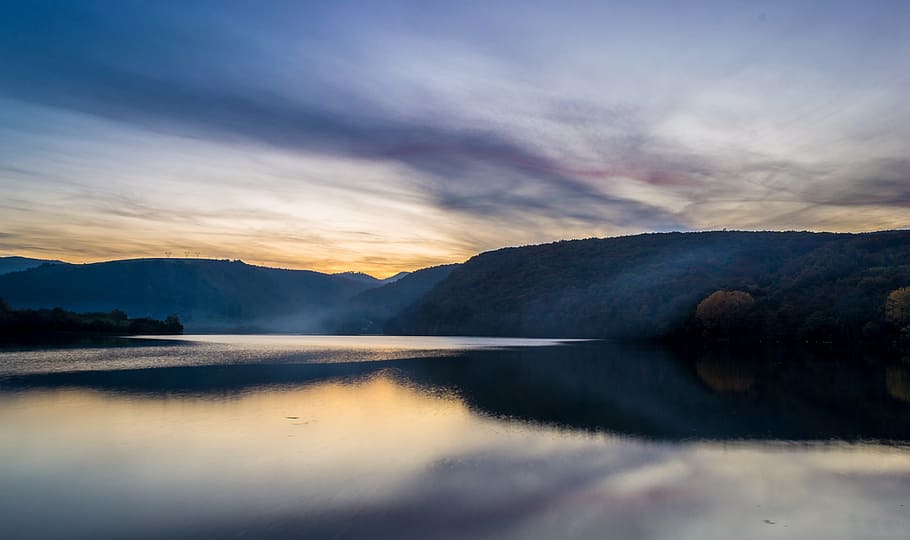 clouds, lake, landscape, mountains, scenery, sunset, nature HD wallpaper