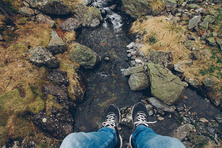 river, stream, water, rocks, shoes, feed, legs, nature, low section HD wallpaper