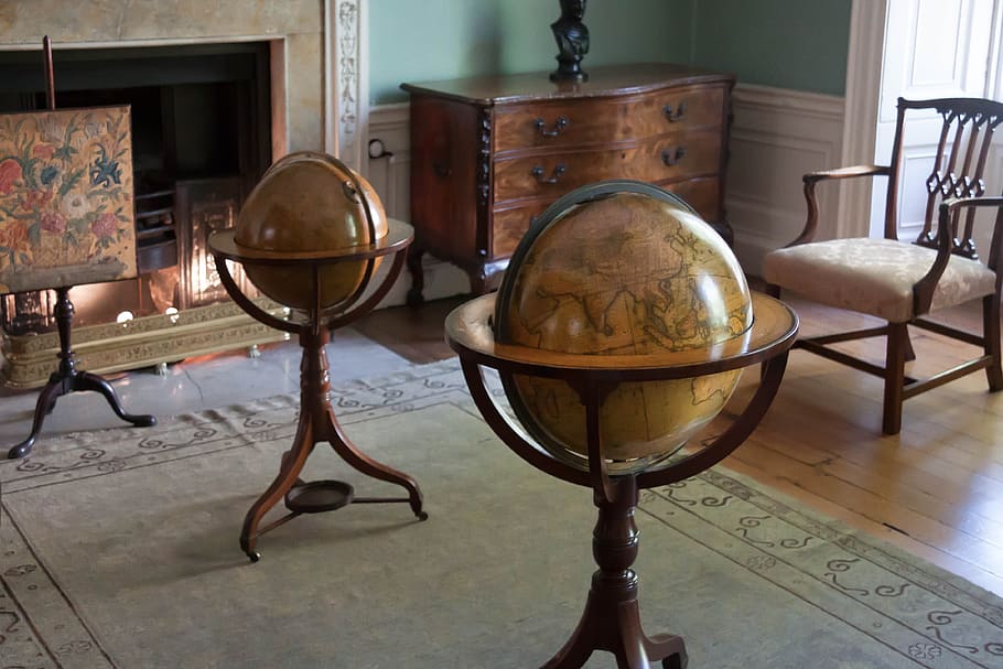 two brown terrestrial globes, study, world globes, georgian HD wallpaper