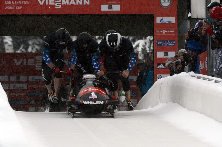 bobsled, competition, team, pushing, snow, sport, athletes, HD wallpaper