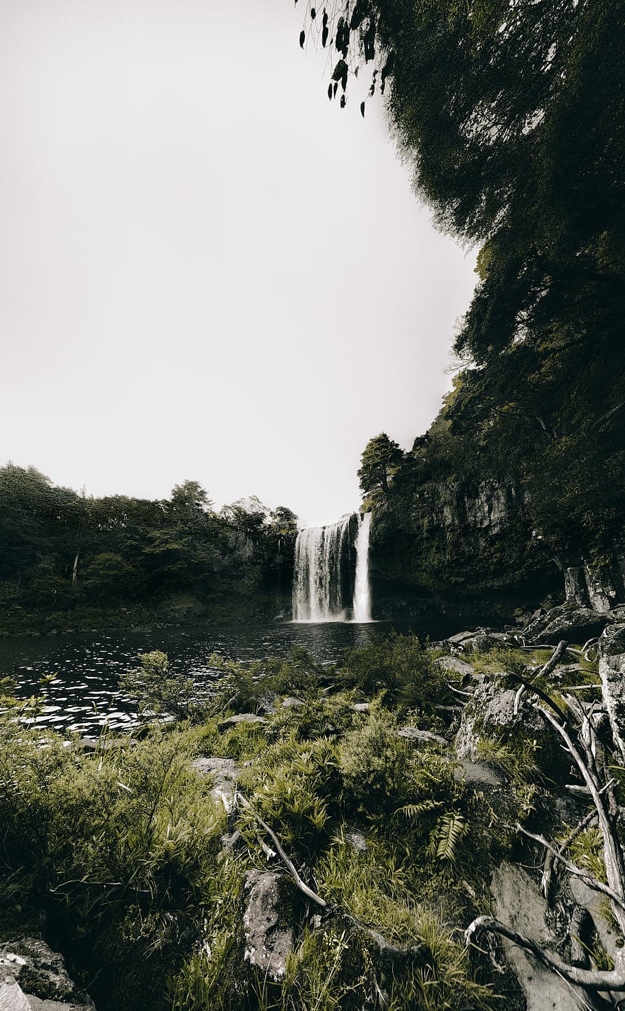 waterfalls surrounded by trees, waterfall between green leafed trees during daytime HD wallpaper