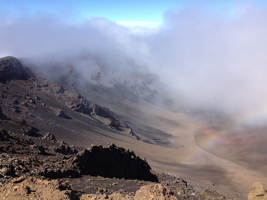 volcano crater filled with smoke during daytime, mountain, cloud HD wallpaper