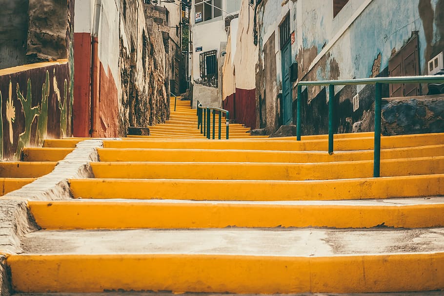 yellow painted staircase, photo of orange stairs, step, concrete HD wallpaper