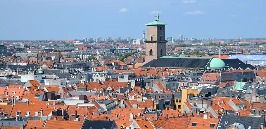 copenhagen, denmark, view, rooftops, city, day, blue sky, architecture HD wallpaper