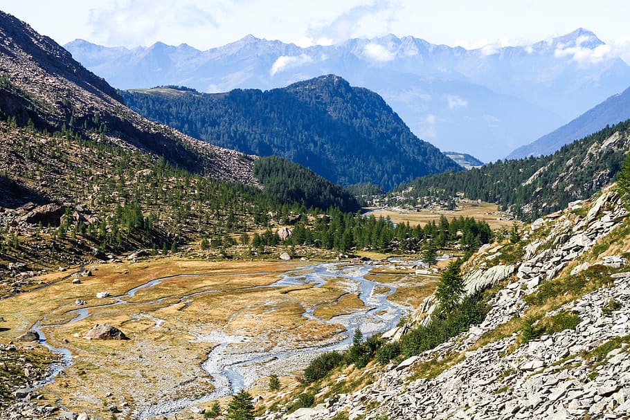 landscape, mountains, nature, stream, valley, outdoors, scenics HD wallpaper