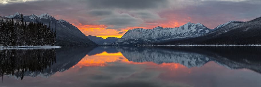 Reflection of Mountains in Lake during Sunset, adventure, clouds HD wallpaper