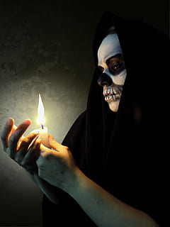 person with skull face paint holding candle, death, skeleton HD wallpaper
