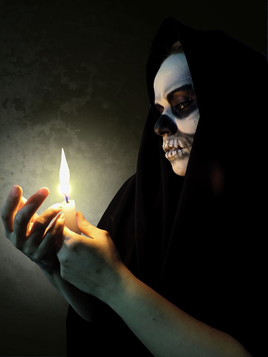 person with skull face paint holding candle, death, skeleton HD wallpaper