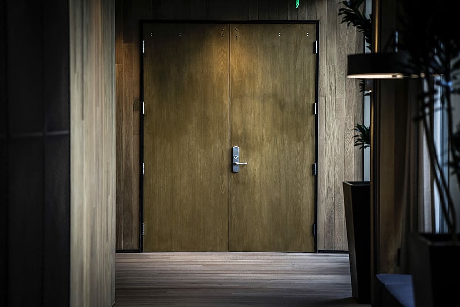 brown wooden door, closed brown wooden double door, wood door, HD wallpaper